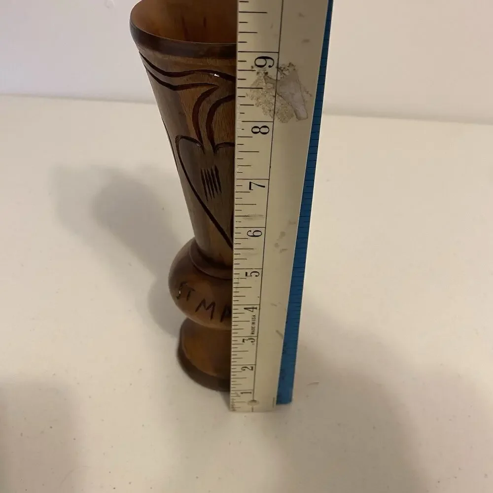 Vintage Hand Carved 9”Tall Wooden Vase Floral Designs Mahogany Falk Art